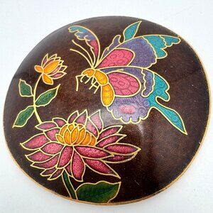 Cloisonne Vtg Enamel Butterfly Floral Belt Buckle Metal 2 3/8" Womens 70s Boho